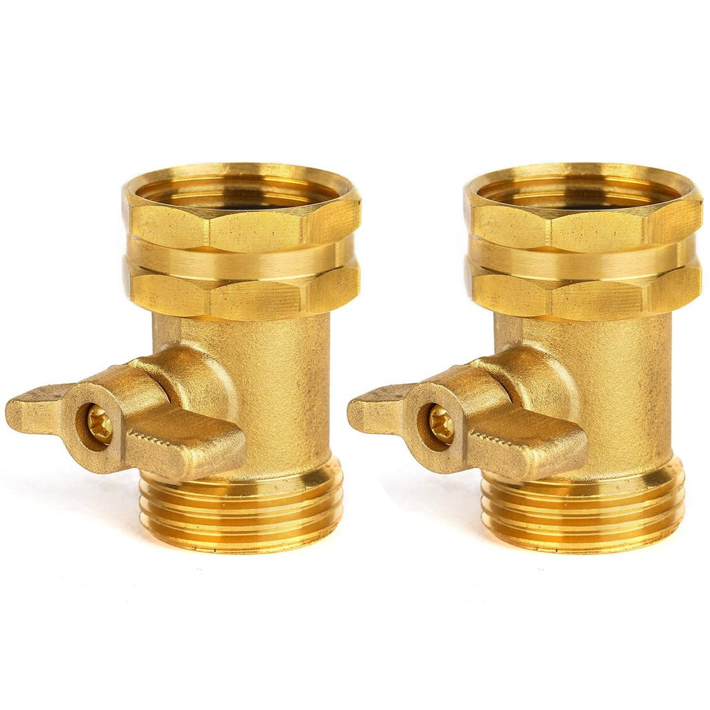 Pair of brass garden hose shut off valves with lever handles and threaded ends