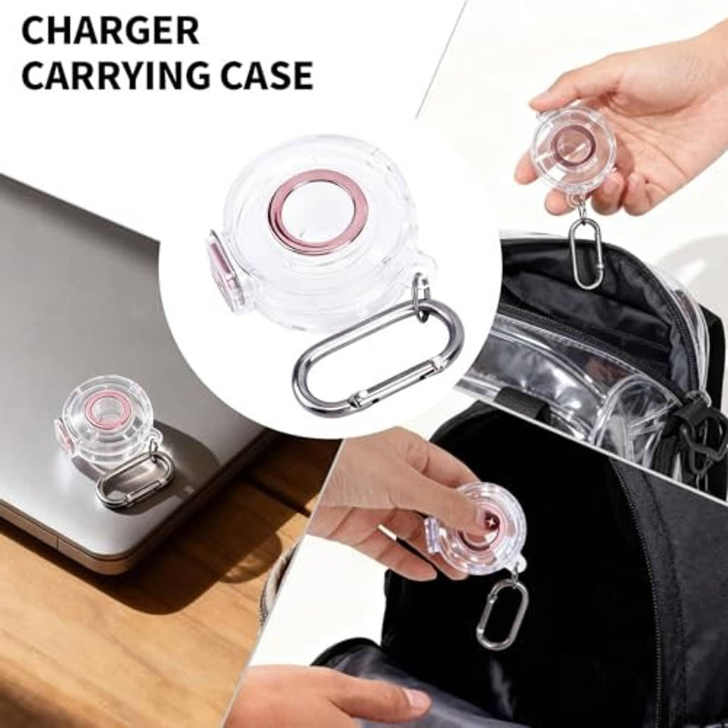 Clear charger carrying case with metal carabiner, placed in a bag with a hand