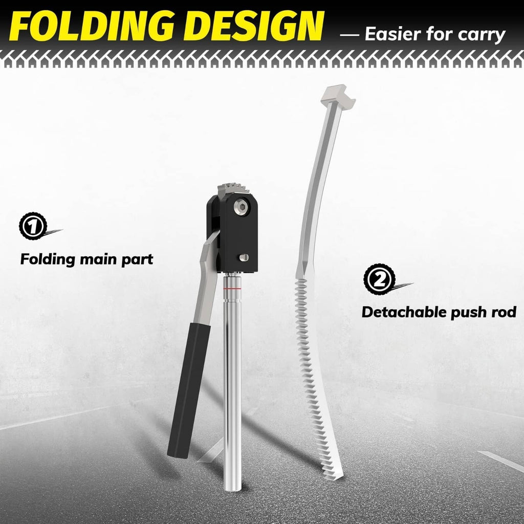 Folding tire changing tool with black handle and detachable push rod for easier carrying