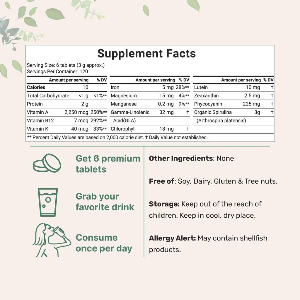 Spirulina tablet Supplement Facts panel with nutrients, serving size 6 tablets