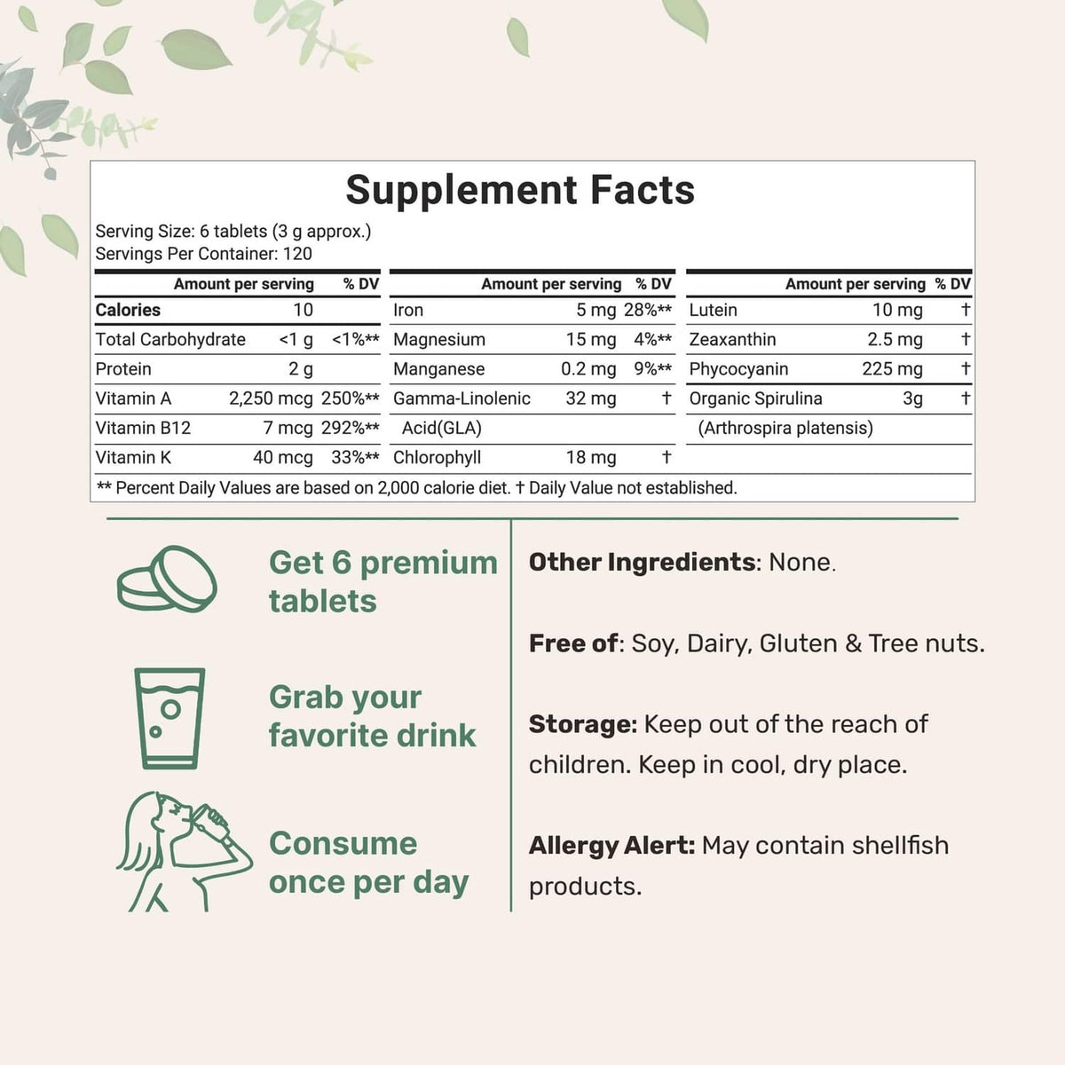 Spirulina tablet Supplement Facts panel with nutrients, serving size 6 tablets