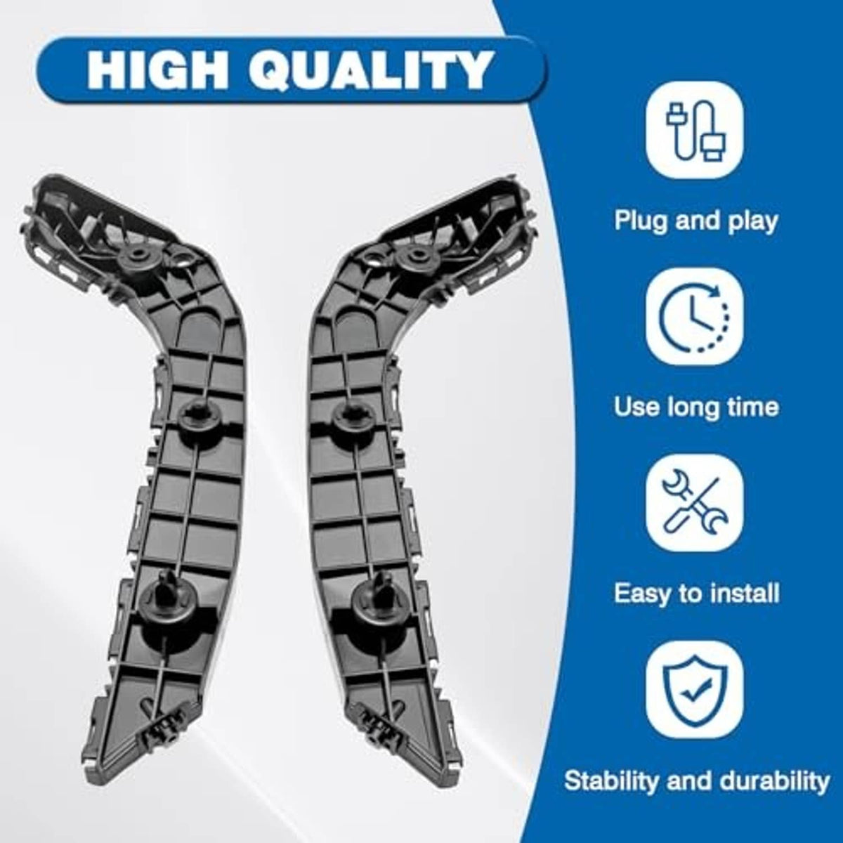 Black plastic front bumper bracket pair with mounting clips and circular hardware points