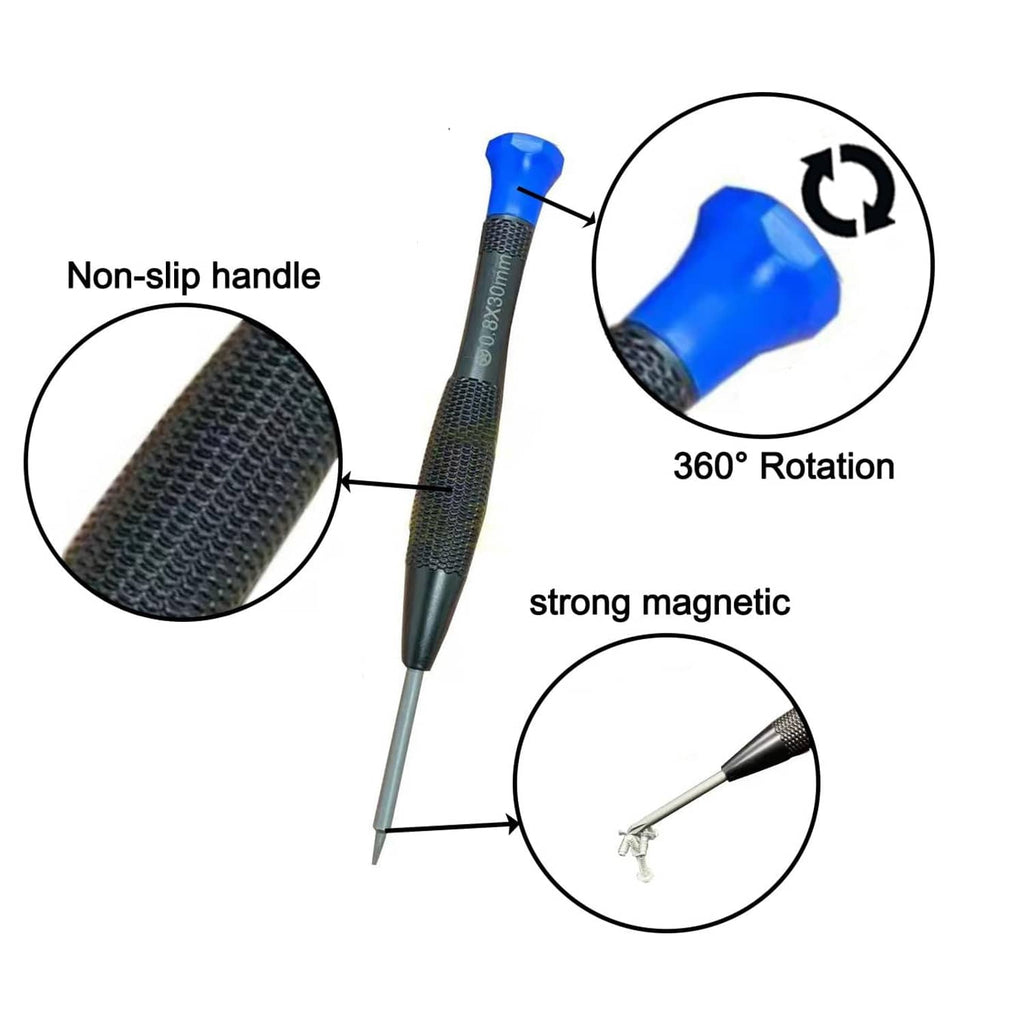 Magnetic precision screwdriver with blue non-slip handle and pointed tip, 360° rotation