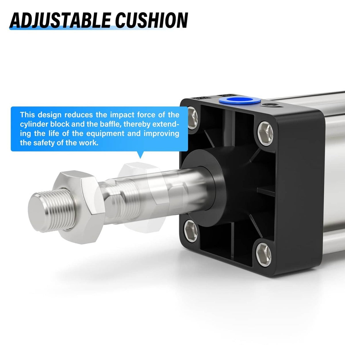 Pneumatic air cylinder with adjustable cushion and blue port on black end block