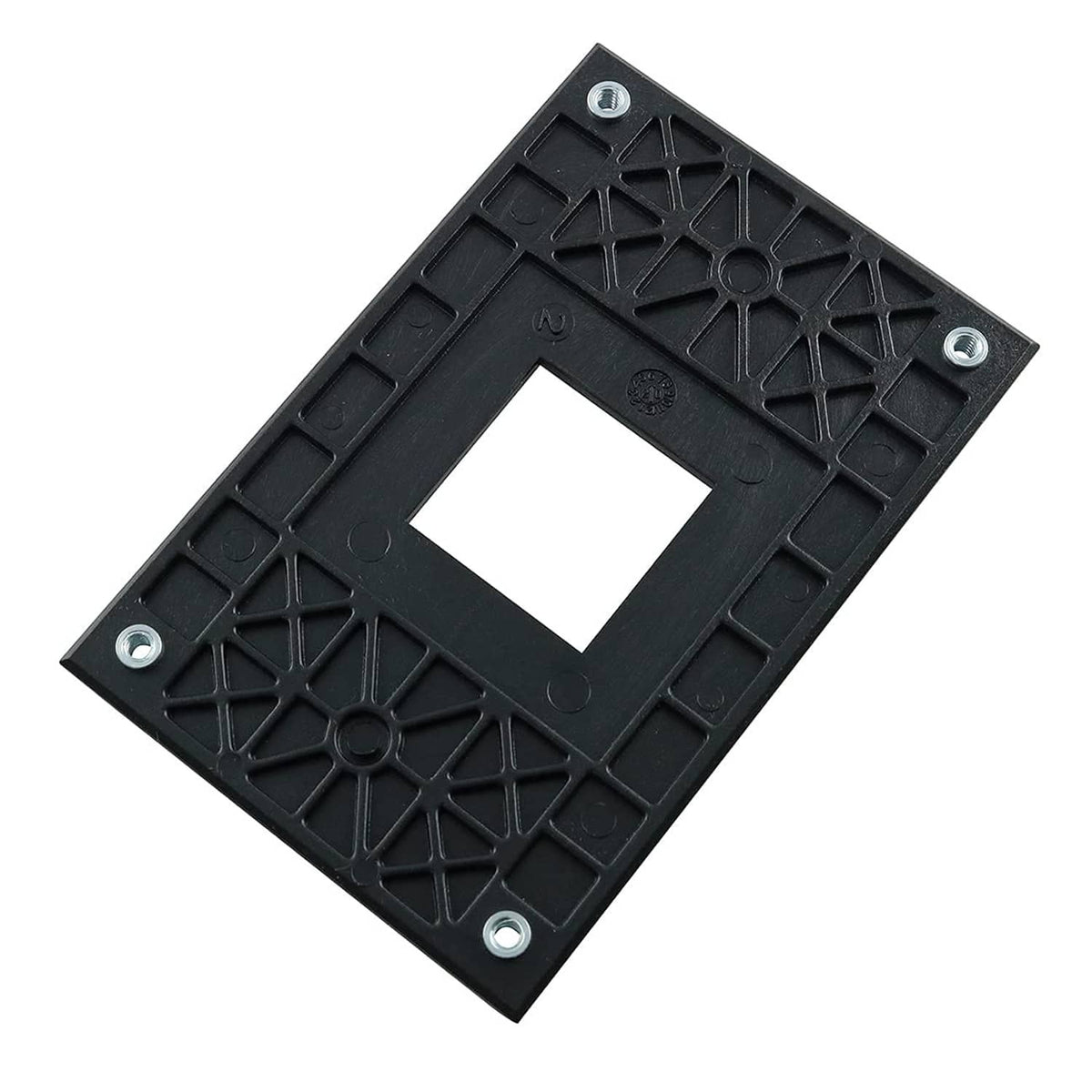 Black CPU cooler mounting plate with square hole and four metal screw inserts