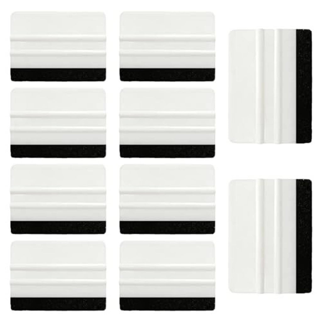 10-pack plastic felt edge squeegees with white handles and black felt pads