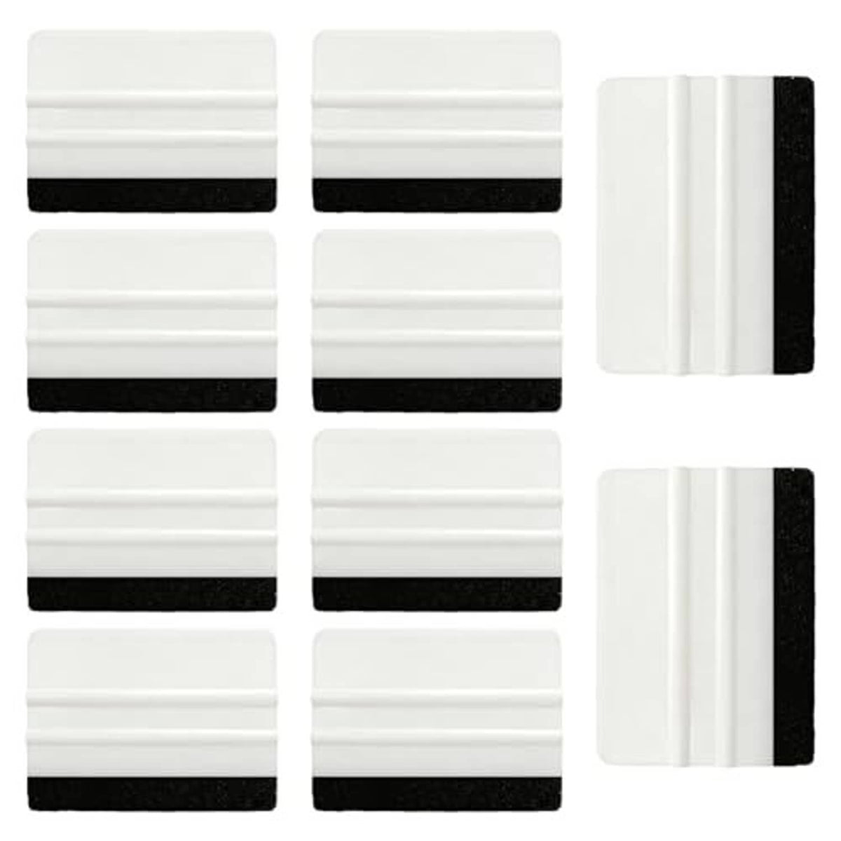 10-pack plastic felt edge squeegees with white handles and black felt pads