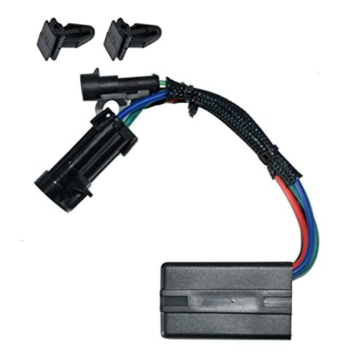 Tilt trim relay switch with wiring harness, black module, and included black clips