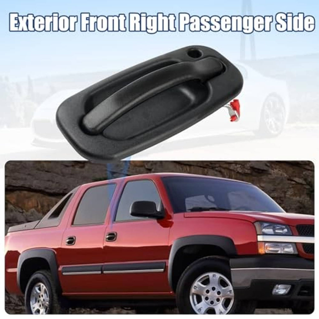 Exterior passenger-side door handle, black with red release tab detail