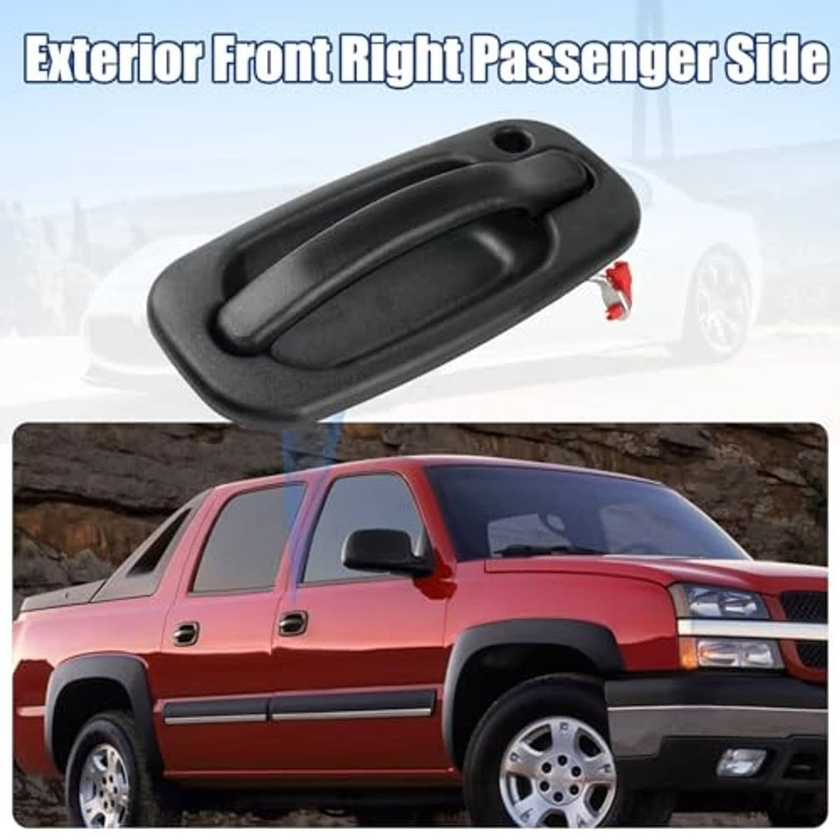 Exterior passenger-side door handle, black with red release tab detail