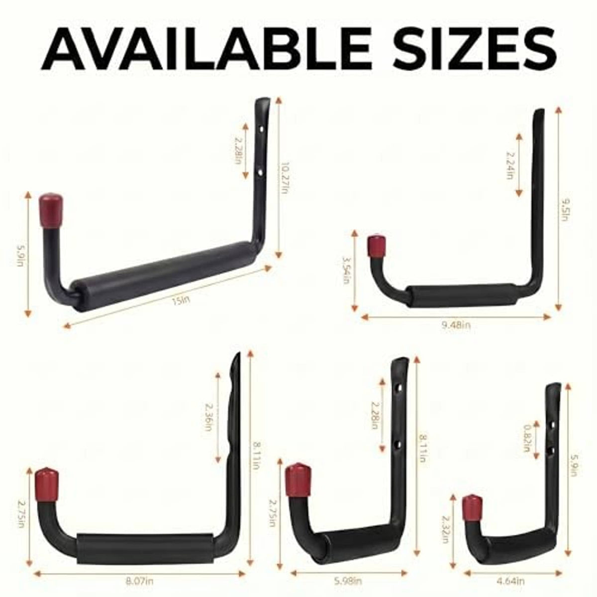 Black J hook sizes chart with red PVC end caps and dimensions for multiple hook lengths