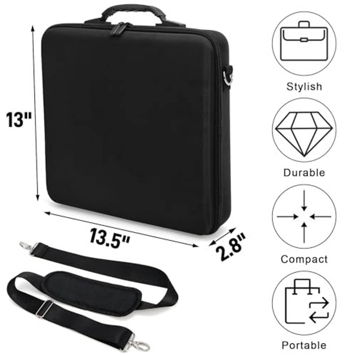 Black zippered pool ball storage case with top handle and adjustable shoulder strap