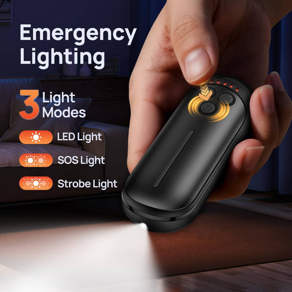 Black rechargeable hand warmer with multi-mode buttons and rounded LED control area