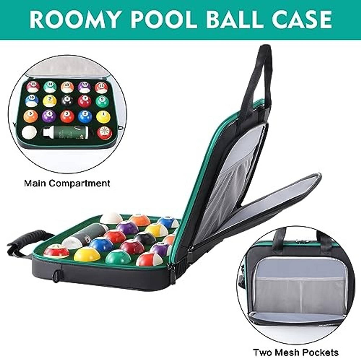 Padded billiard ball case with open lid and side mesh pockets, angled view
