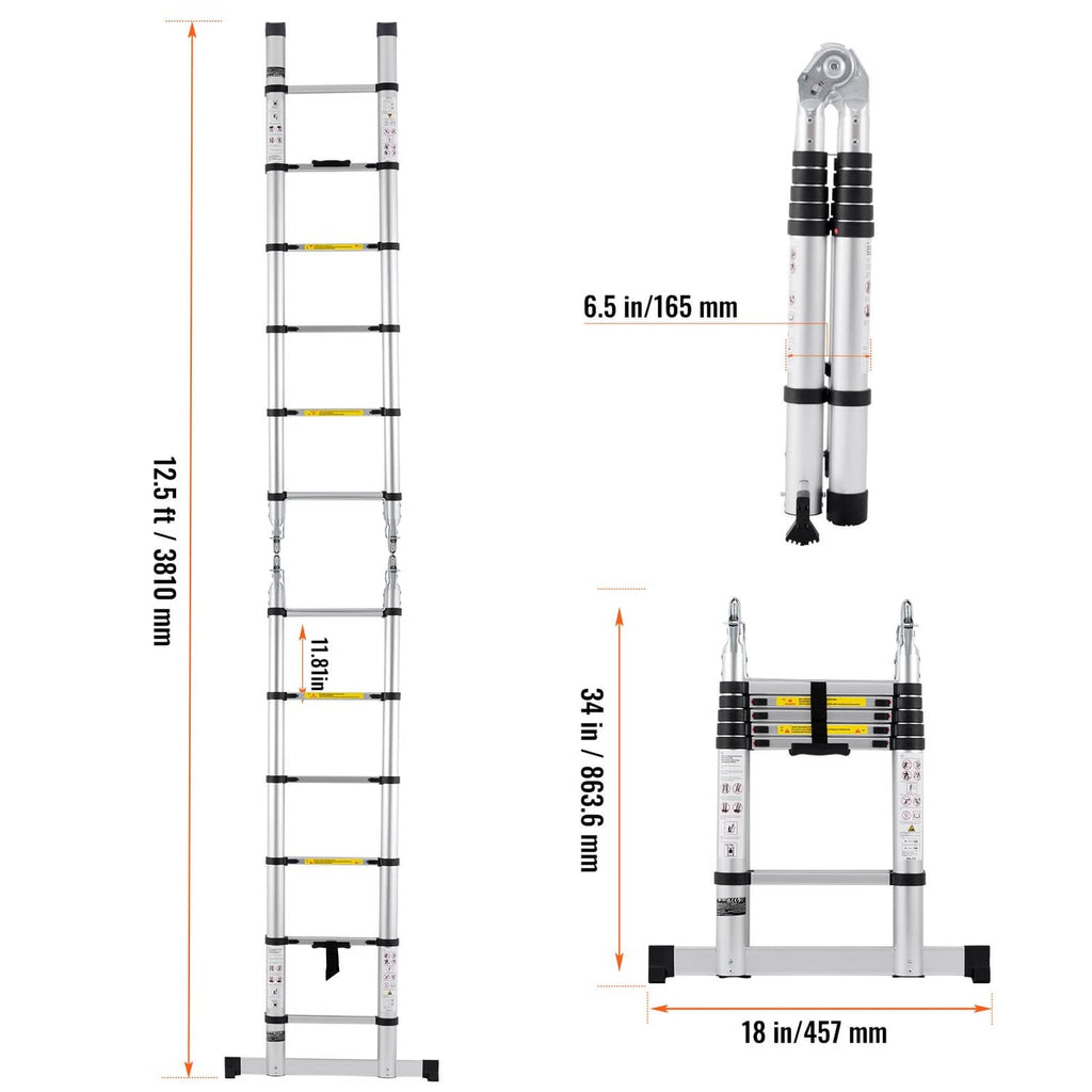 Extended and collapsed aluminum A-frame ladder with black base feet