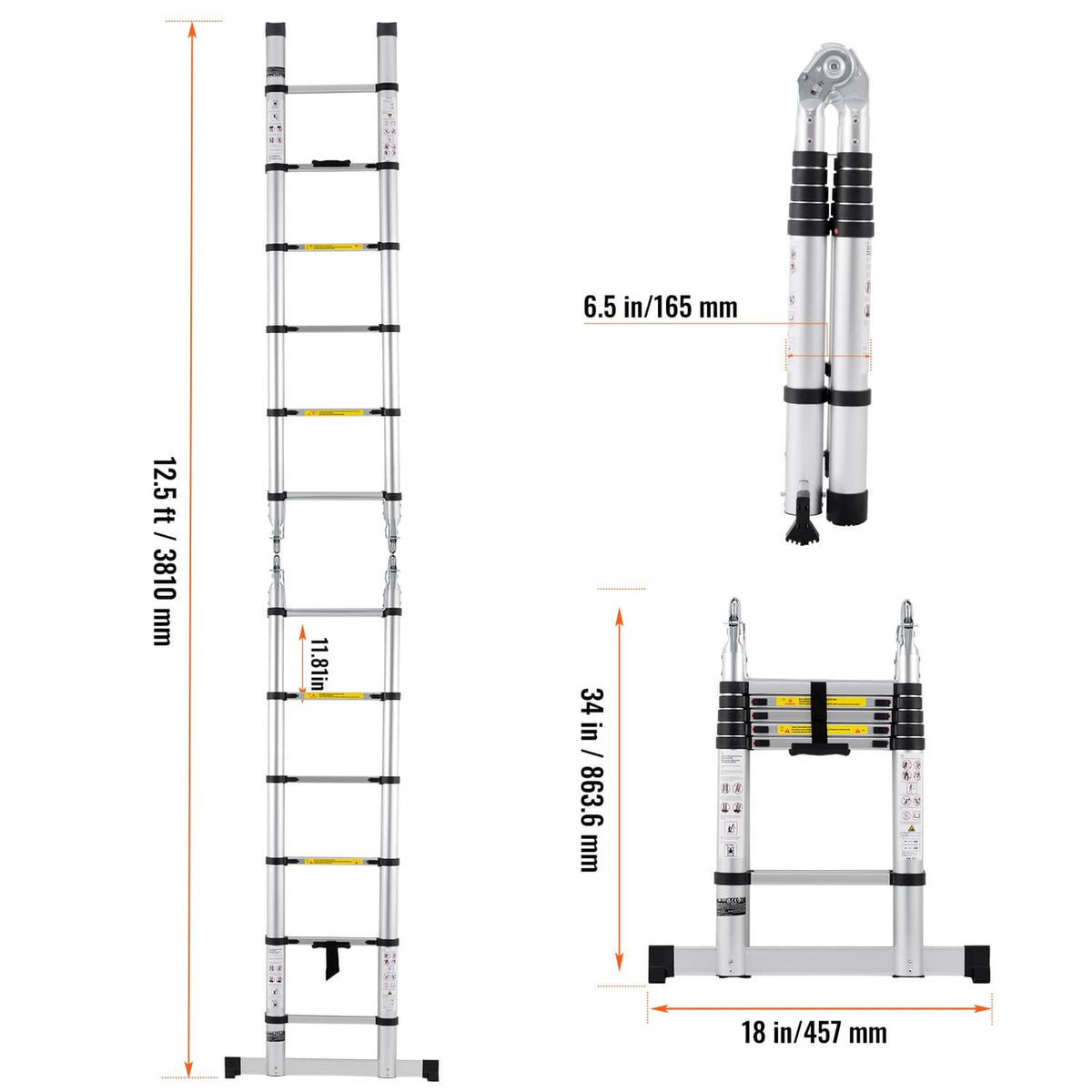 Extended and collapsed aluminum A-frame ladder with black base feet