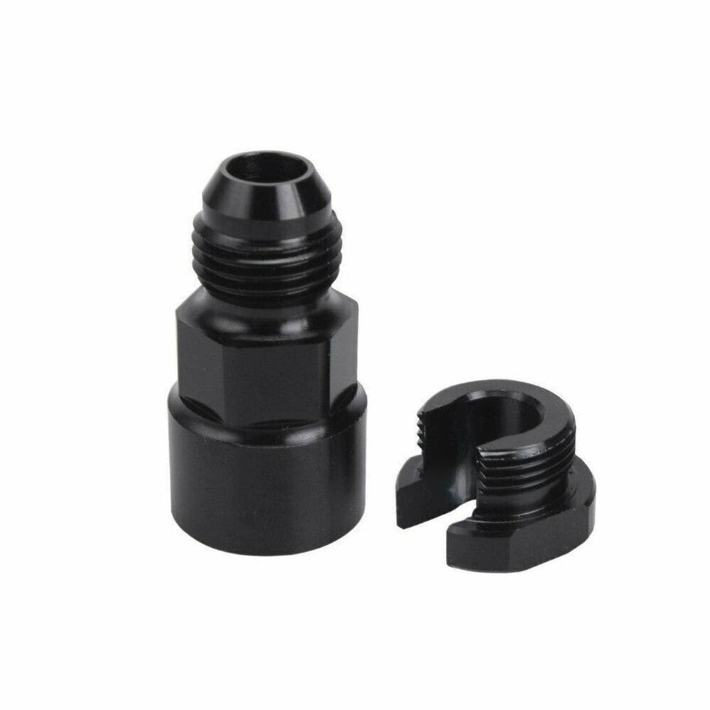 Black 6AN fuel adapter with lock nut, internal bore and threaded connection