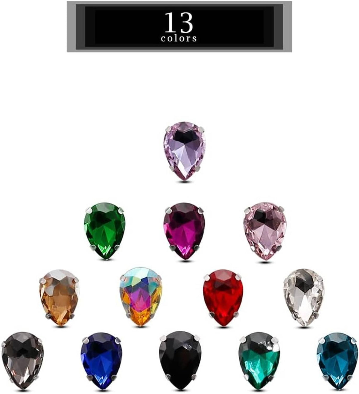 Multicolor crystal rhinestones in teardrop and oval shapes with faceted shine