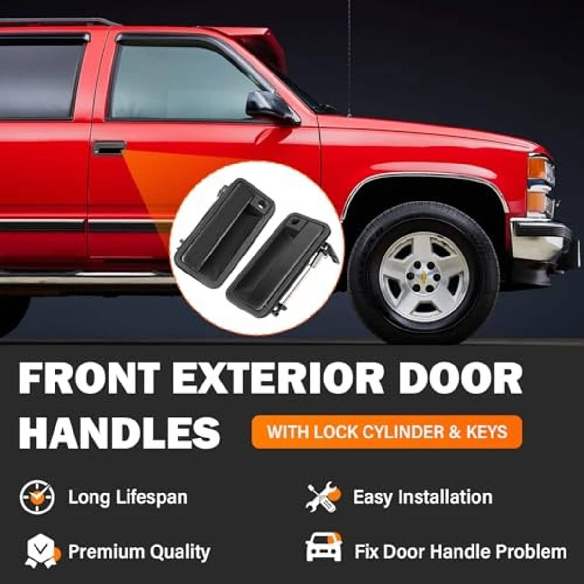 Black front exterior door handle pair with lock cylinder and keys