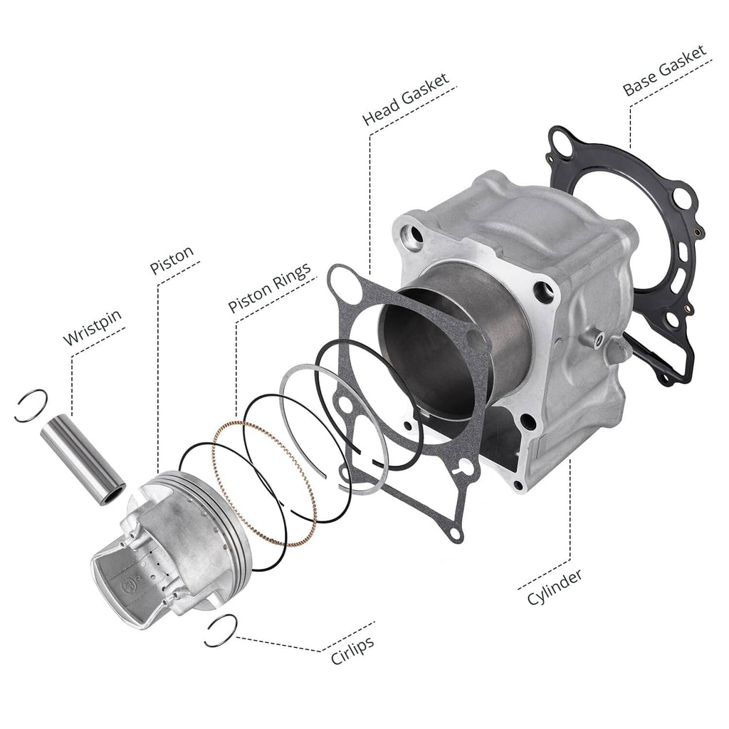 Labeled diagram of cylinder head, piston, rings, wrist pin, and circlips