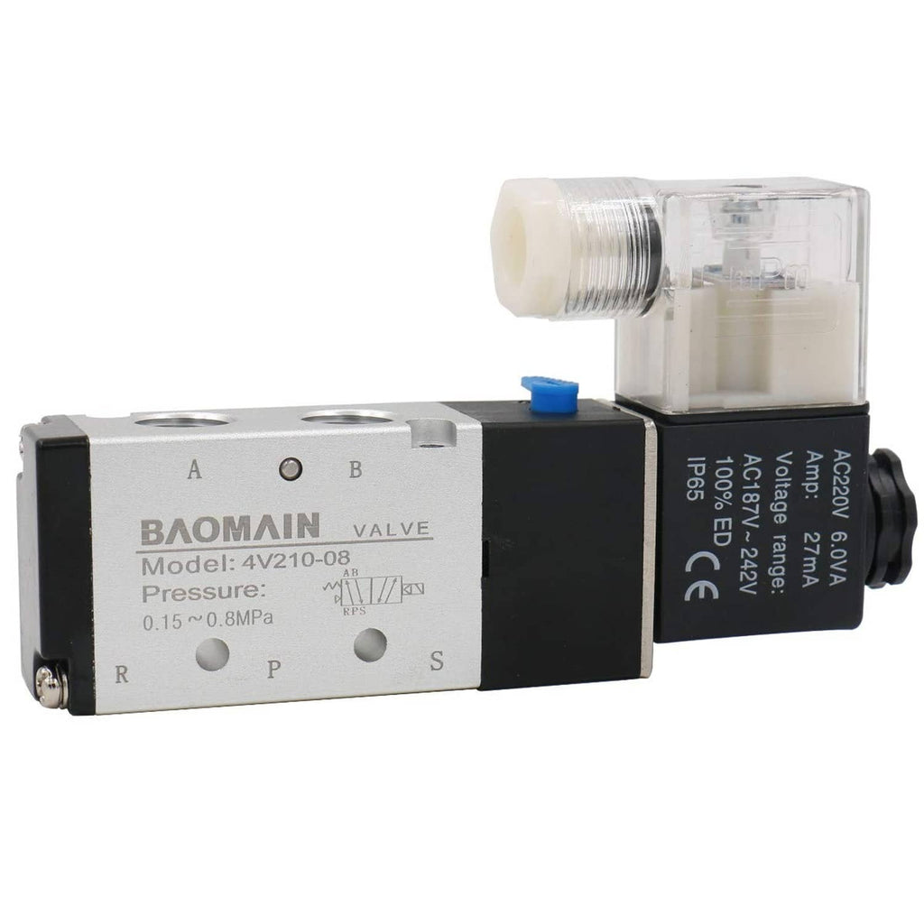 Pneumatic 5-way solenoid air control valve with clear coil cover and blue button