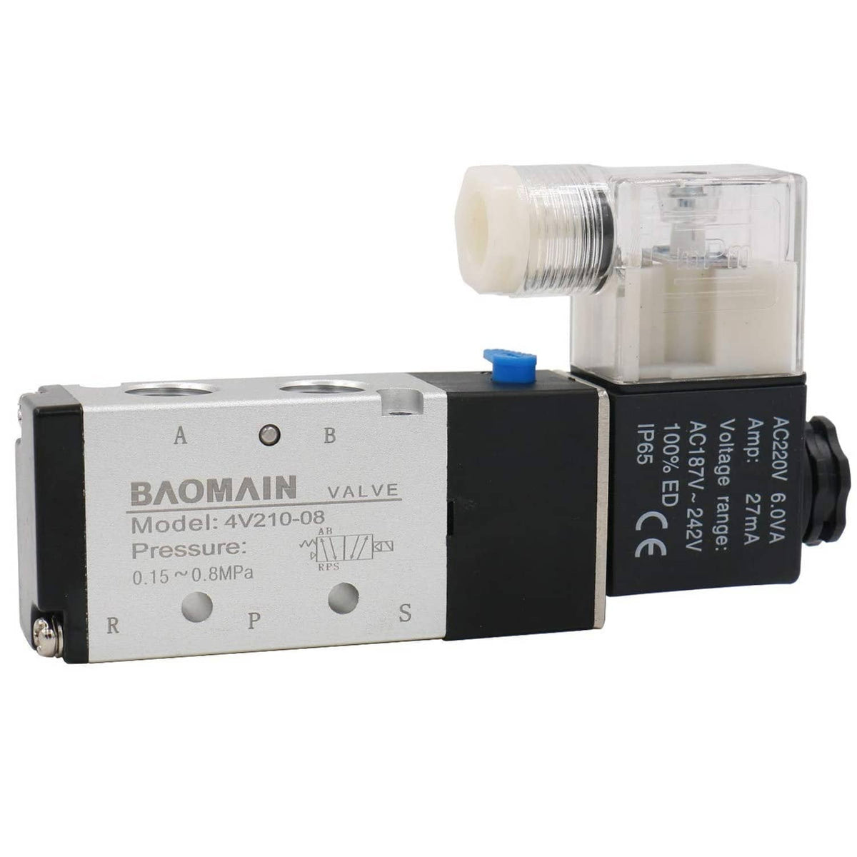 Pneumatic 5-way solenoid air control valve with clear coil cover and blue button