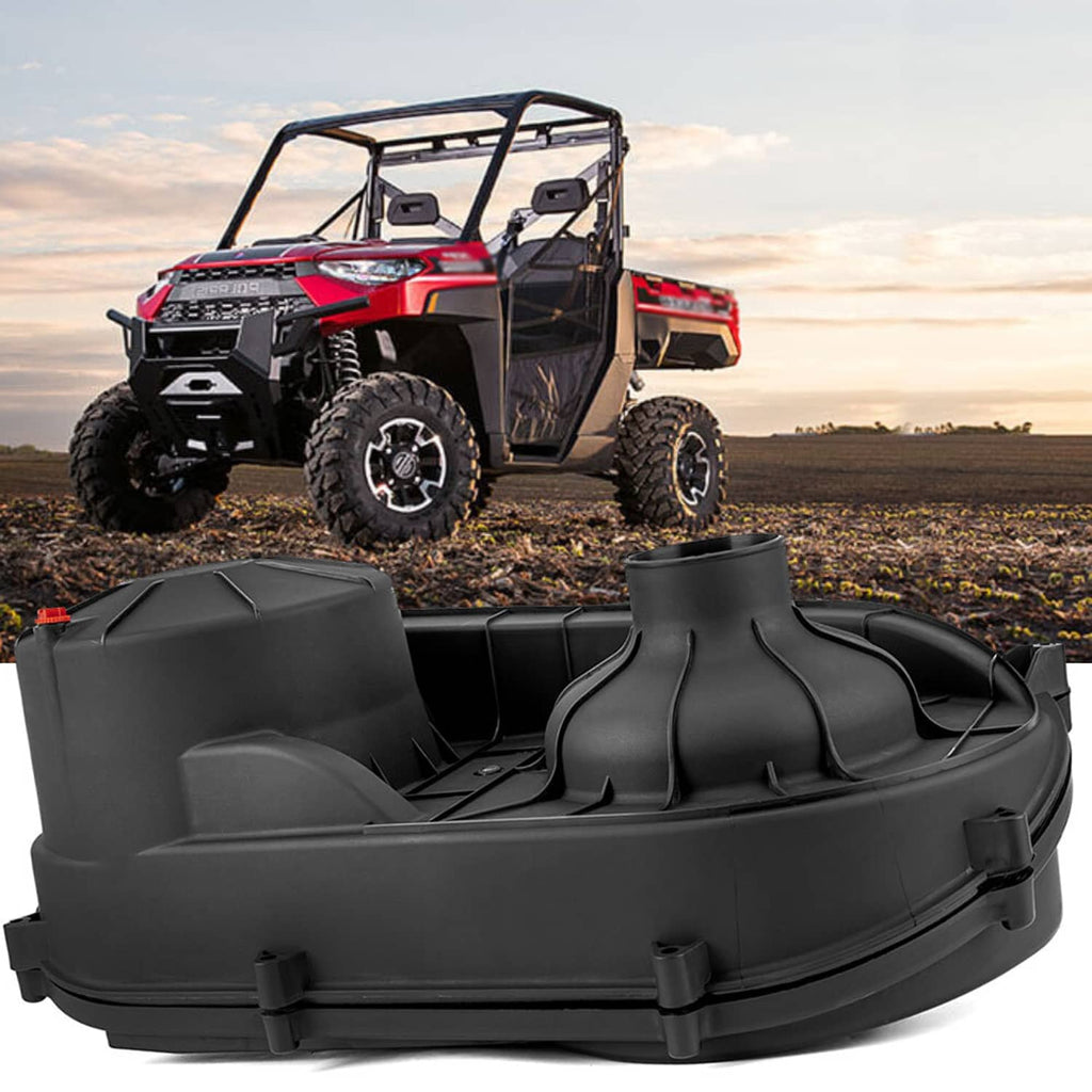 Black clutch belt cover installed on a UTV, showing front intake opening