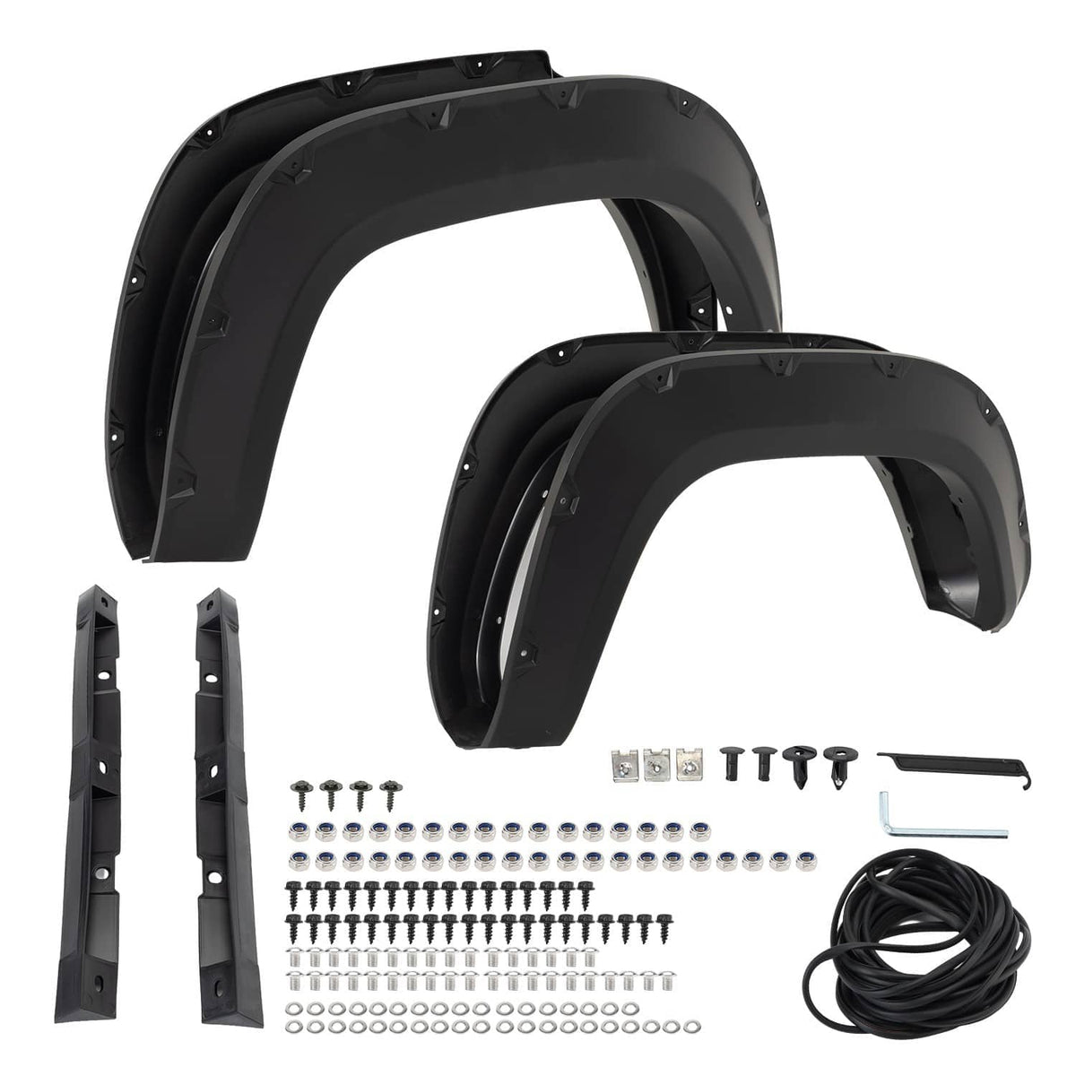 Black wheel fender flares set with brackets, screws, and bundled black cable