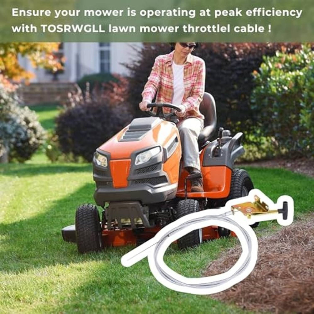 Throttle control cable with metal bracket near an orange lawn mower