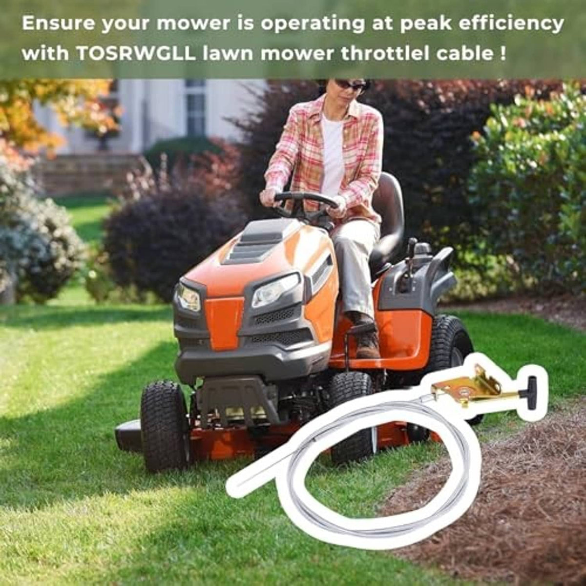 Throttle control cable with metal bracket near an orange lawn mower