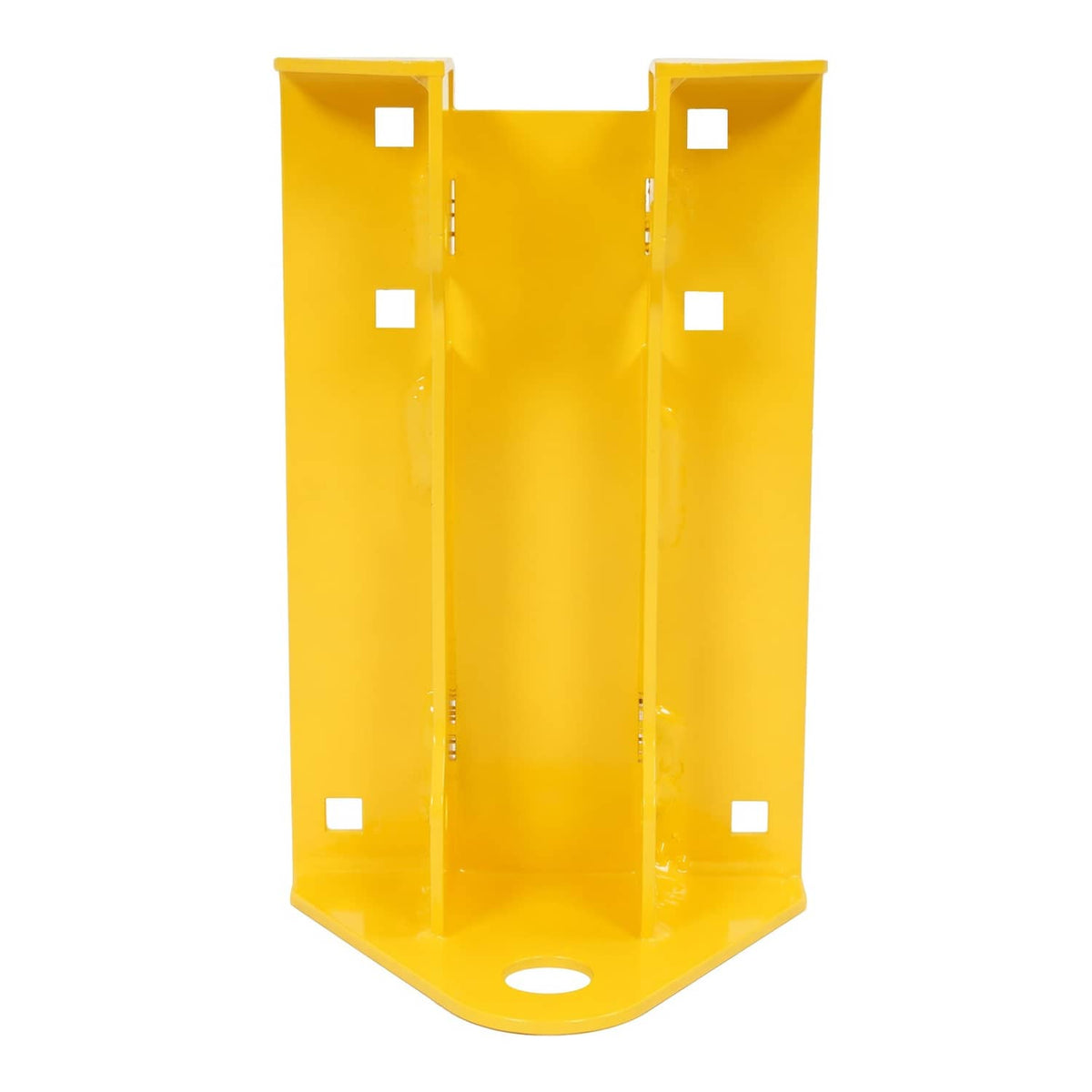 Yellow U-shaped mounting bracket for mower hitch kit with bolt holes