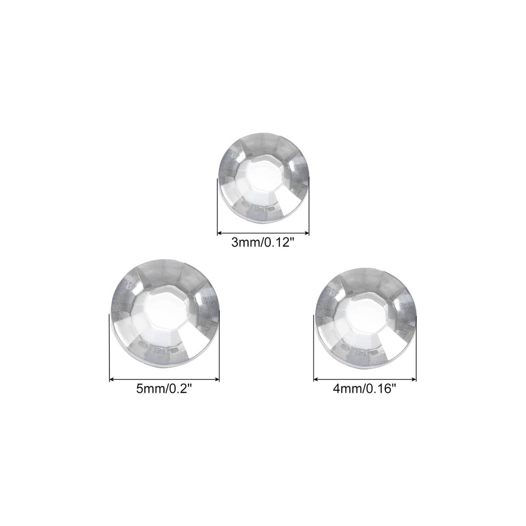 Self-adhesive silver round rhinestones showing 3mm, 4mm, and 5mm sizes