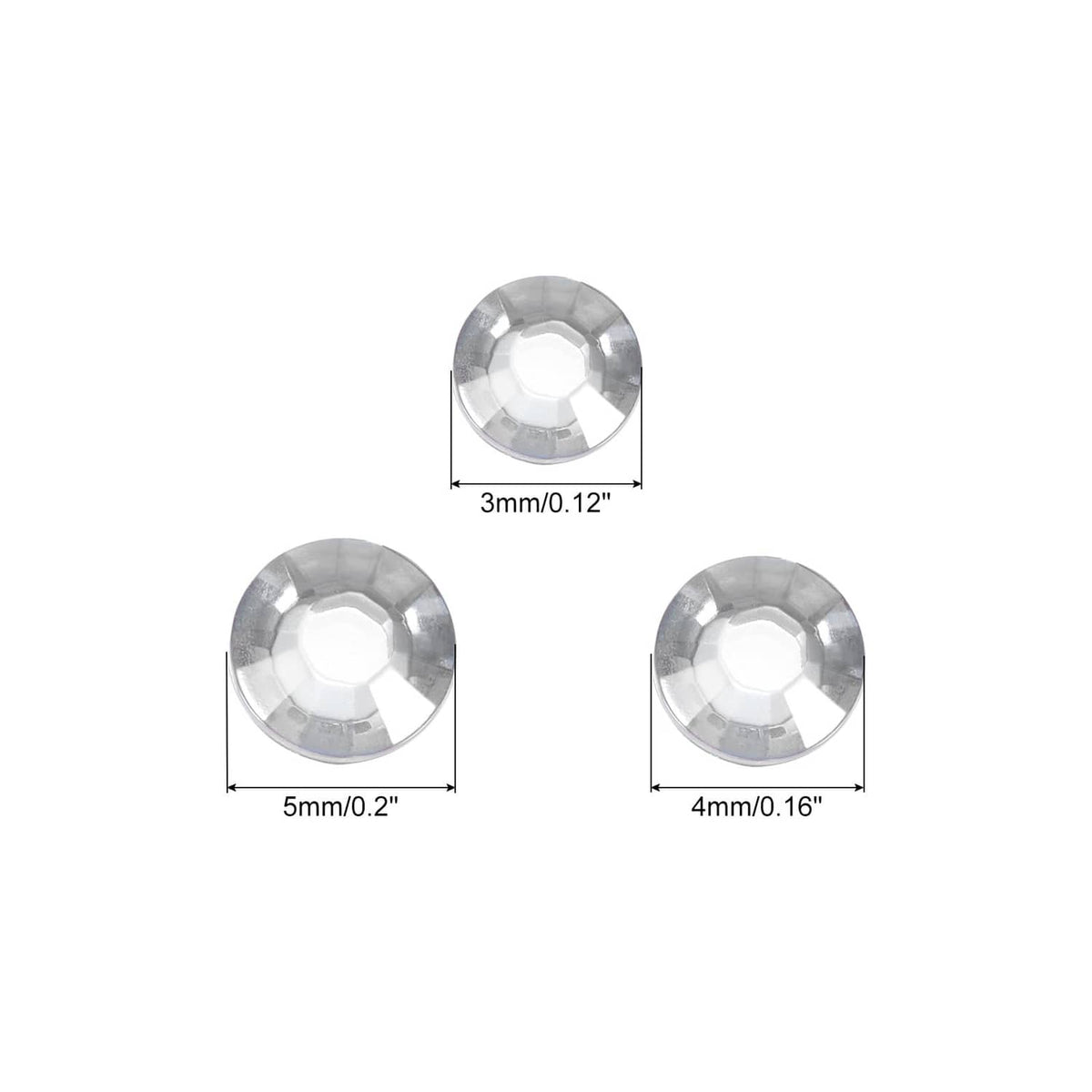 Self-adhesive silver round rhinestones showing 3mm, 4mm, and 5mm sizes