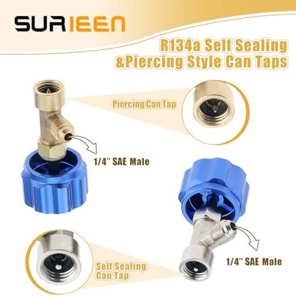 Piercing-style can tap fitting with self-sealing valve and blue housing, 1/4in SAE male