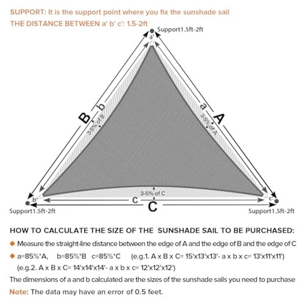 Grey triangular sun shade sail diagram with support points and measured edges