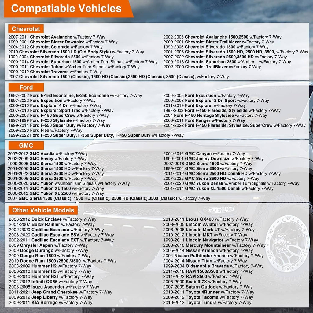 Compatible vehicles chart for 7-way trailer wiring harness with plug adapter fitment list