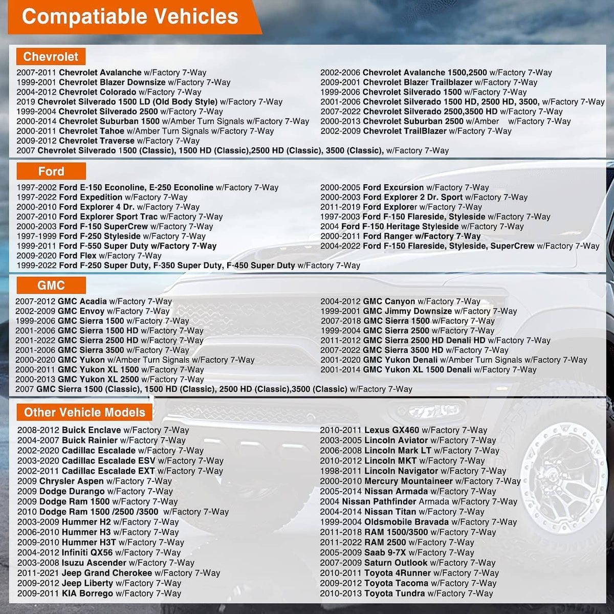 Compatible vehicles chart for 7-way trailer wiring harness with plug adapter fitment list