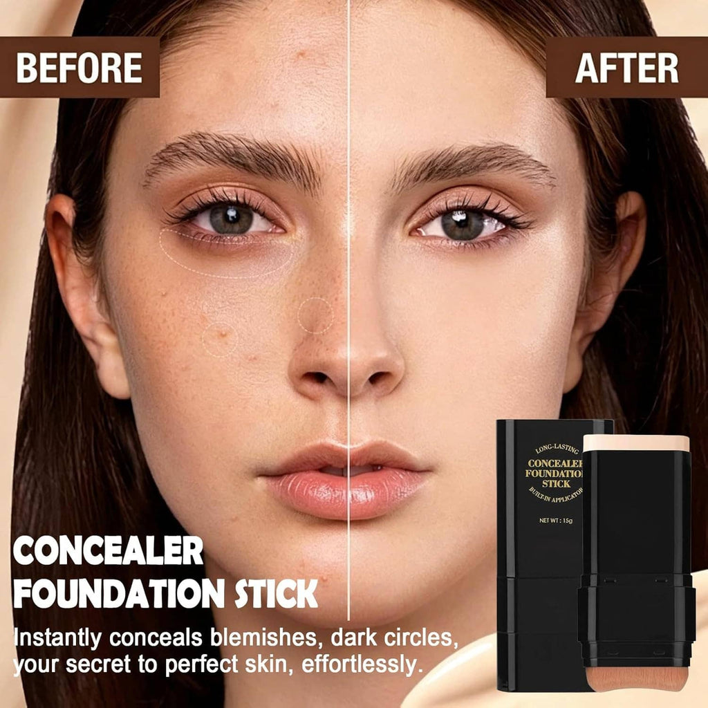 Concealer foundation stick shown in a before-and-after face makeup comparison