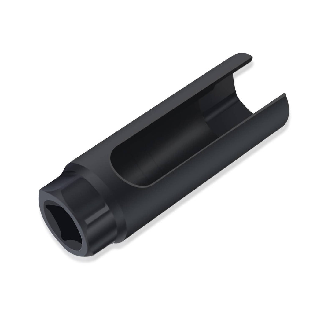 Black oxygen sensor socket with large hex drive opening and angled wrench end
