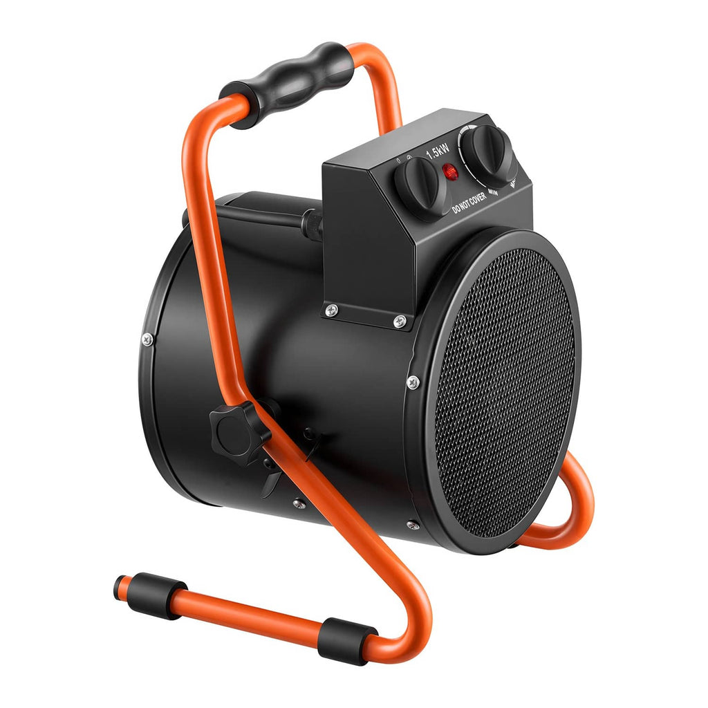 Electric greenhouse heater side view with orange carry handle and black mesh front