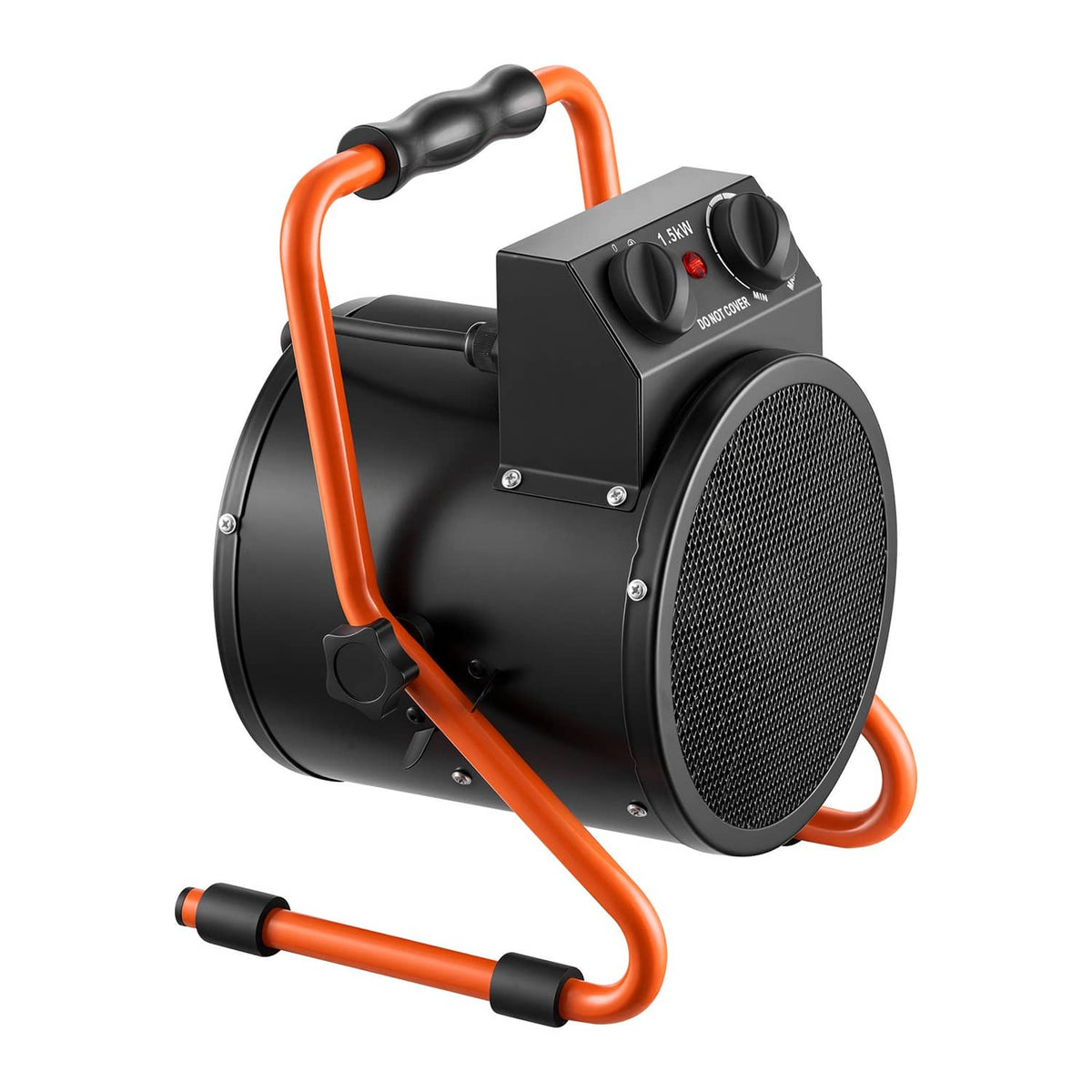 Electric greenhouse heater side view with orange carry handle and black mesh front