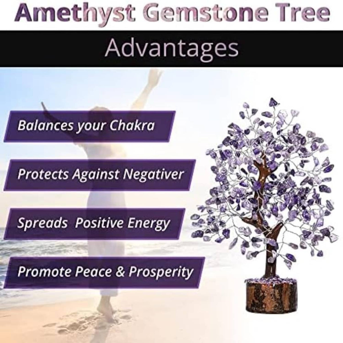 Amethyst gemstone tree ornament with purple crystal leaves and small round wooden base