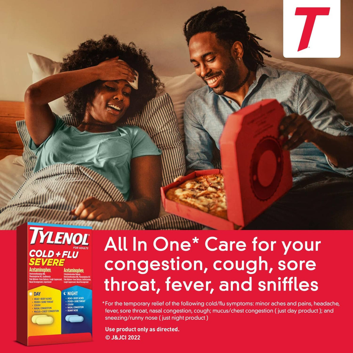 Tylenol Cold + Flu Severe caplets box with “All in One” care message for cold symptoms.