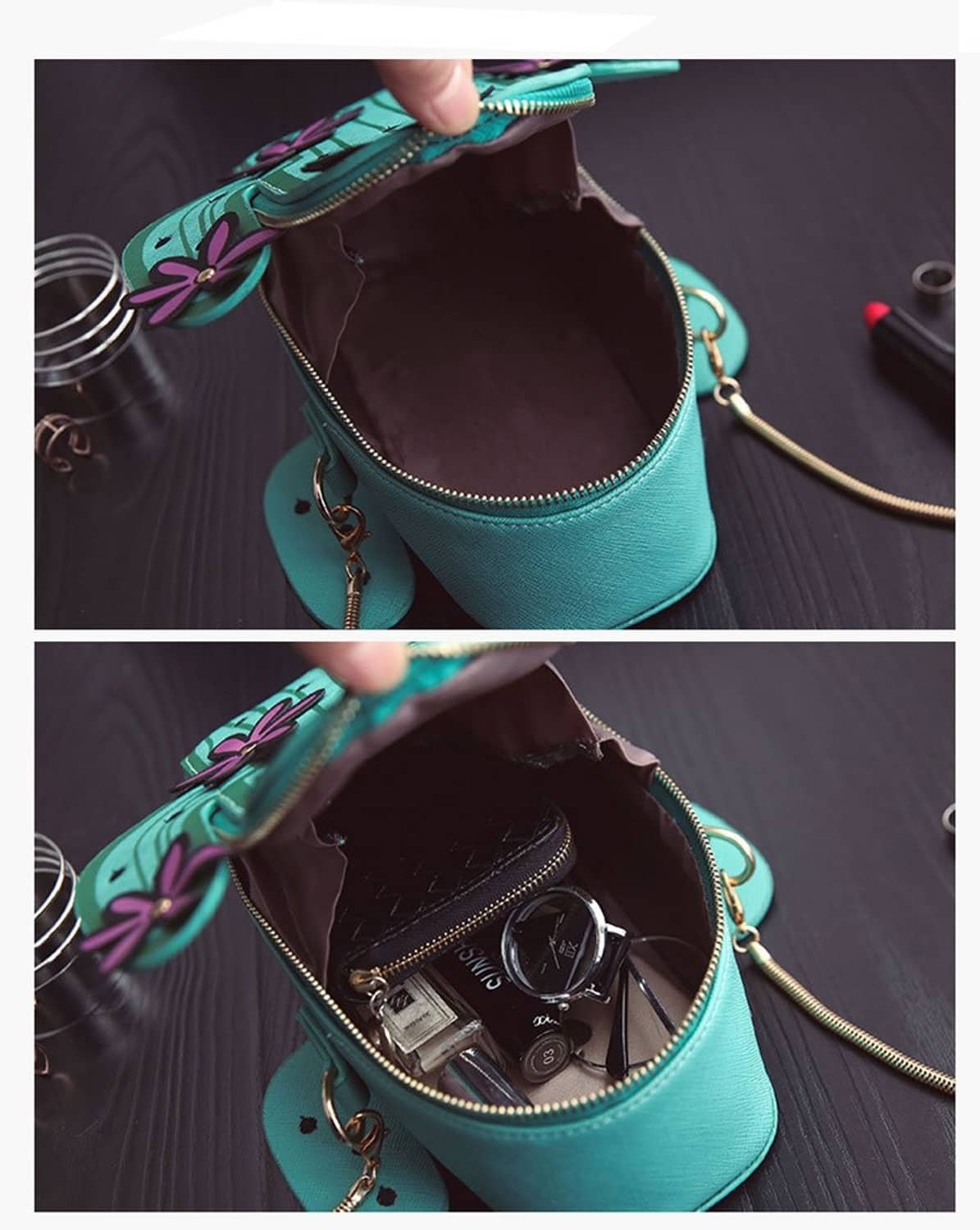 Cactus-shaped mini crossbody bag interior with teal lining and gold zipper hardware