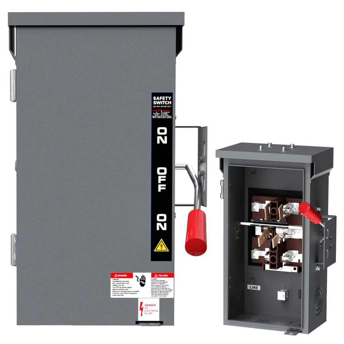 Gray manual generator transfer switch enclosure, open panel with red handle and wiring