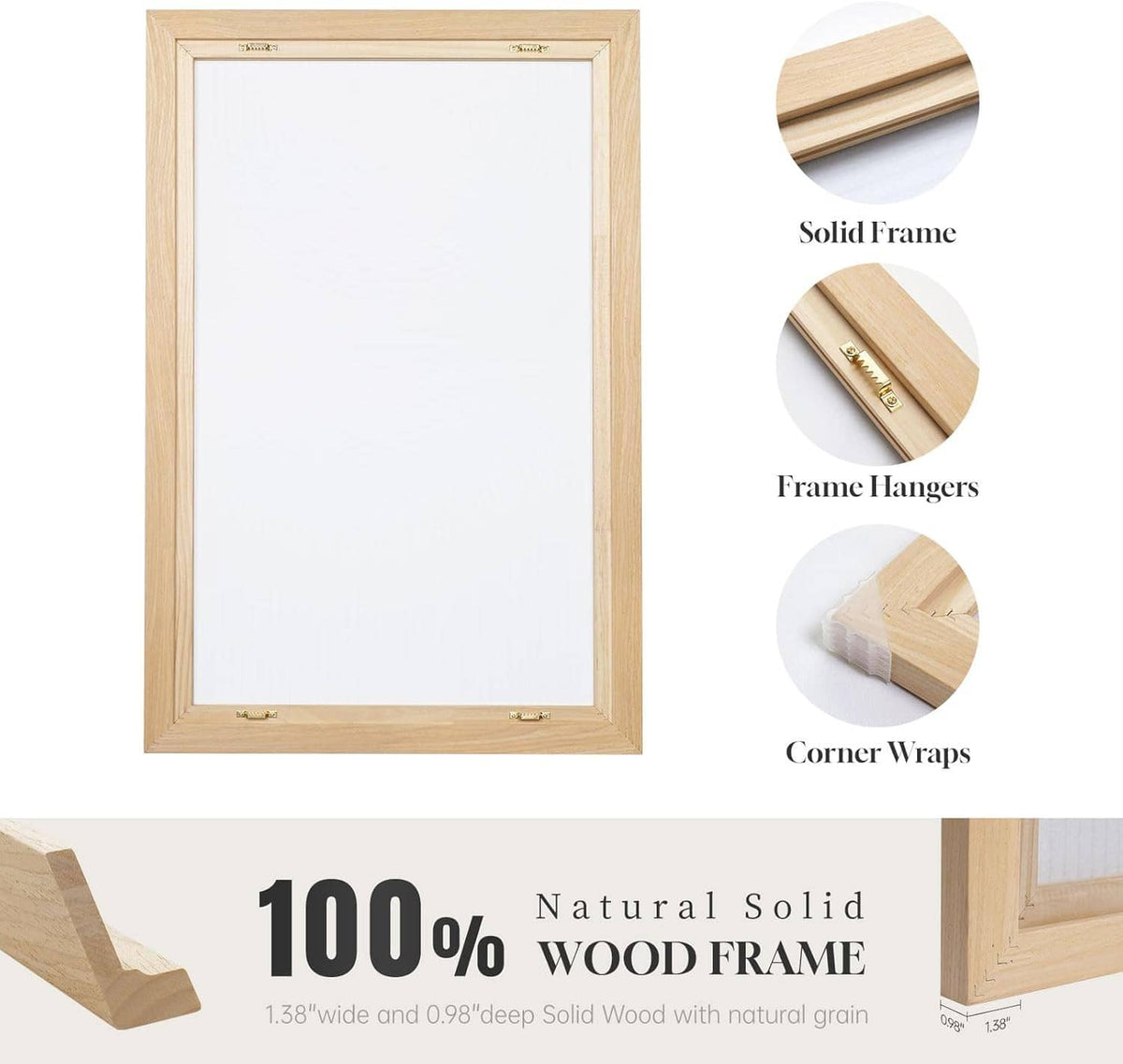 Light wood rectangular picture frame with solid frame, corner wraps, and hanger points