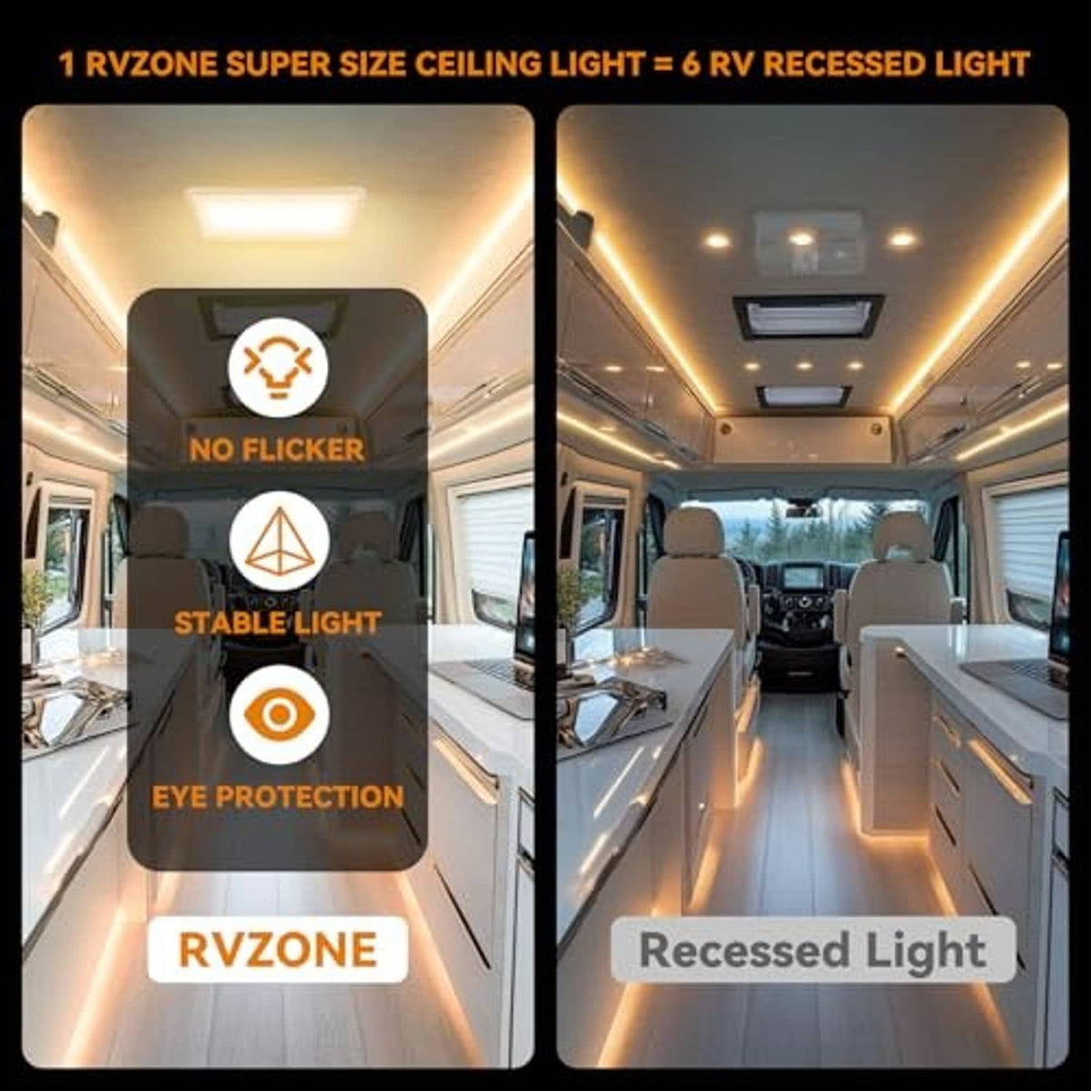 RV ceiling LED light with stable, no-flicker design and recessed light style comparison