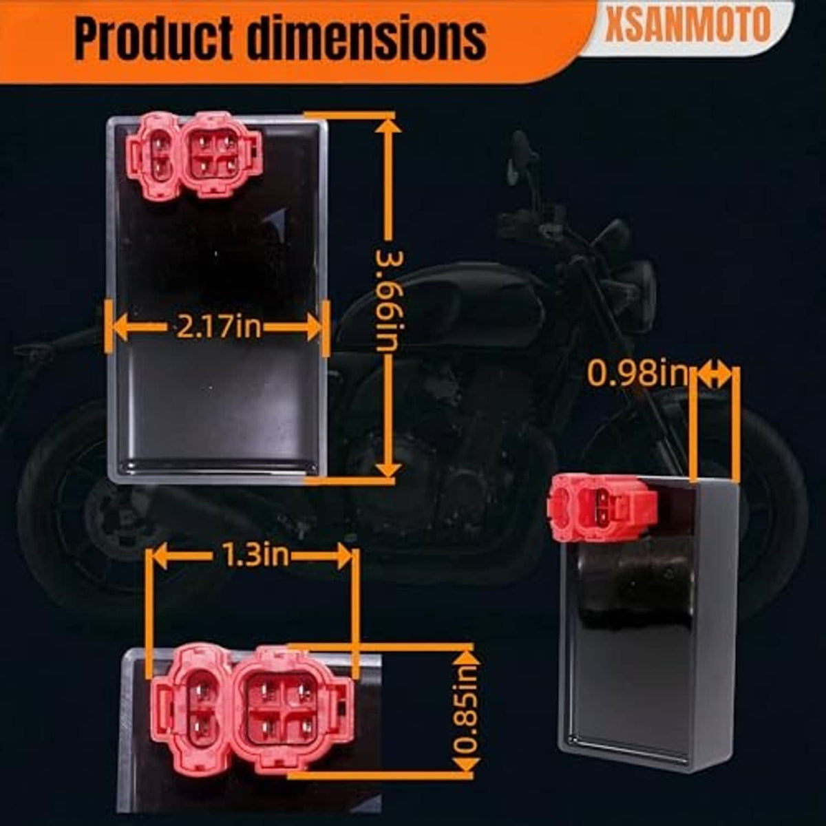 Black CDI ignition module box with red 6-pin connector block and size layout