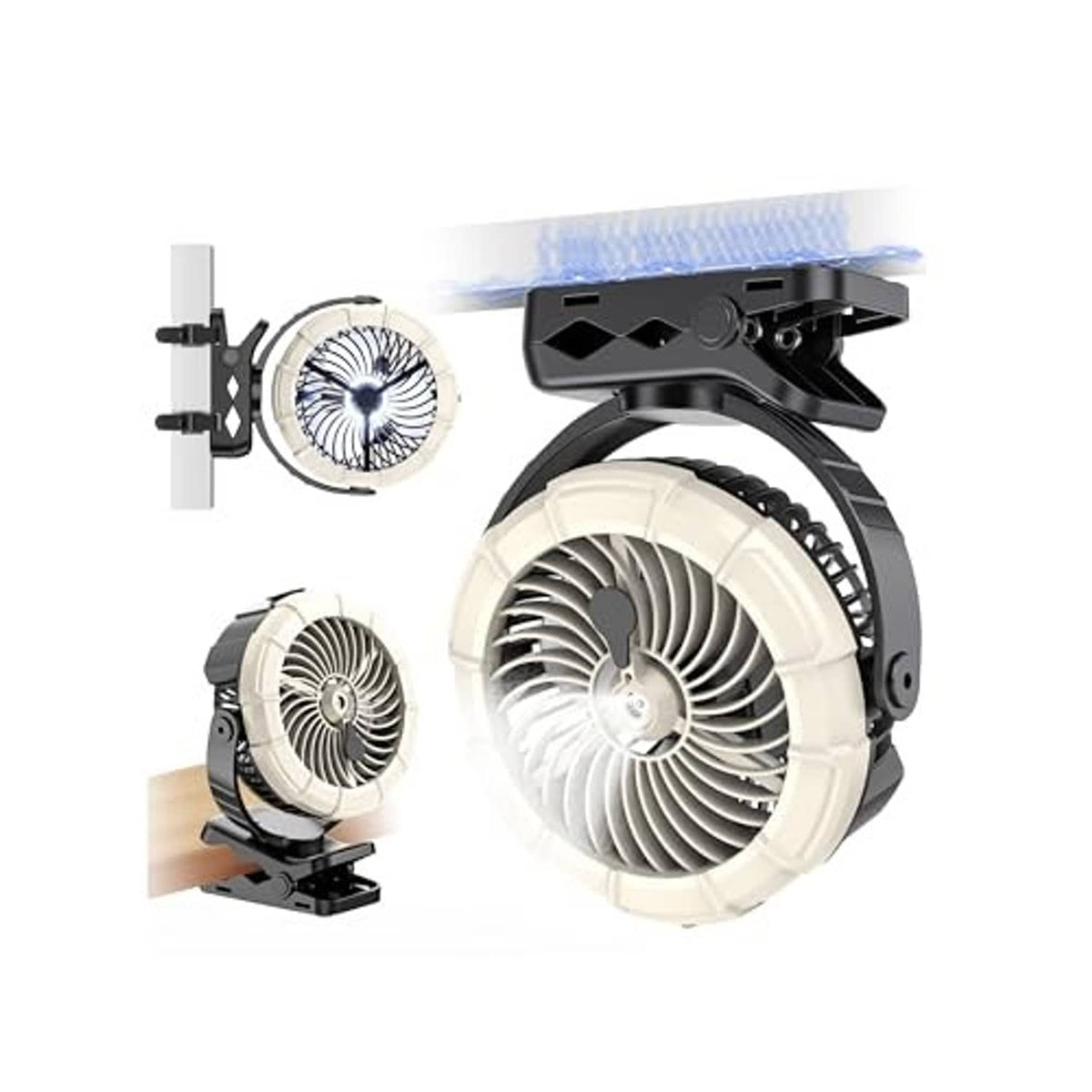 Portable mist fan with white circular grille and black clip-on magnetic bracket