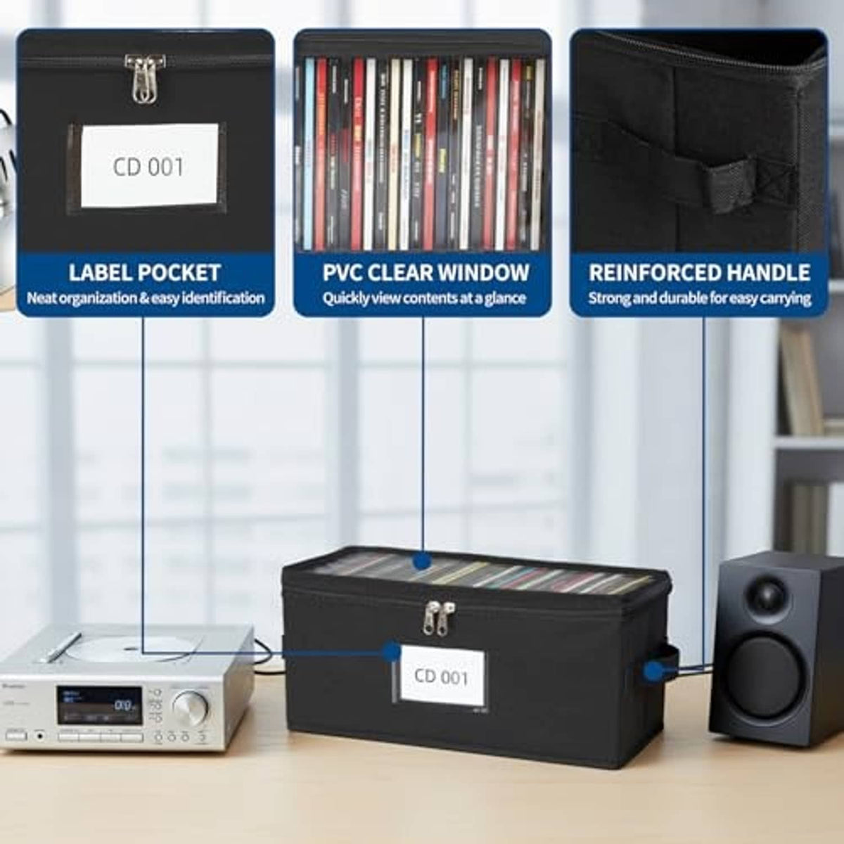 Black CD storage box set showing label pocket, clear PVC window, reinforced handle